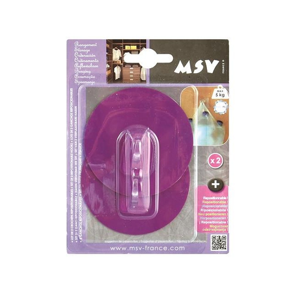Cârlige autoadezive MSV, 2buc, rotunde 8cm liliac, din plastic