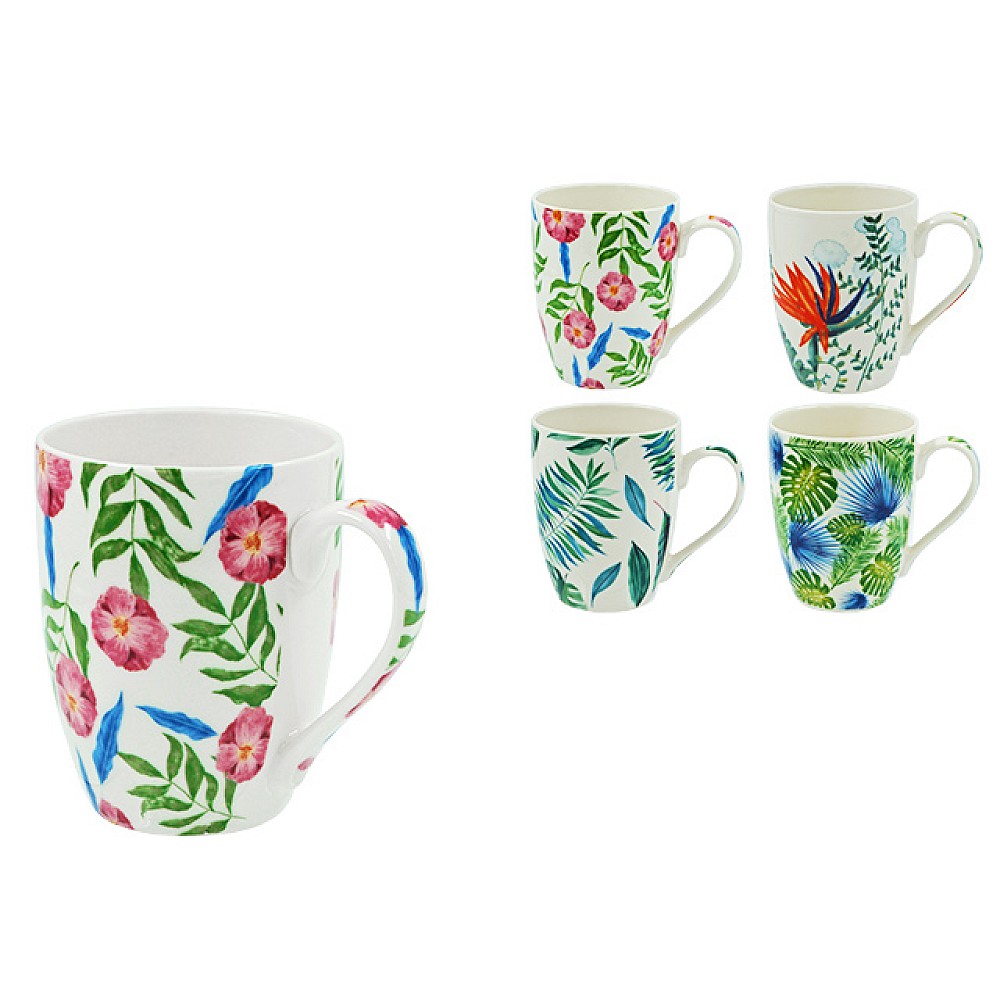 Cana 380ml alba Frunze/Flori, ceramica