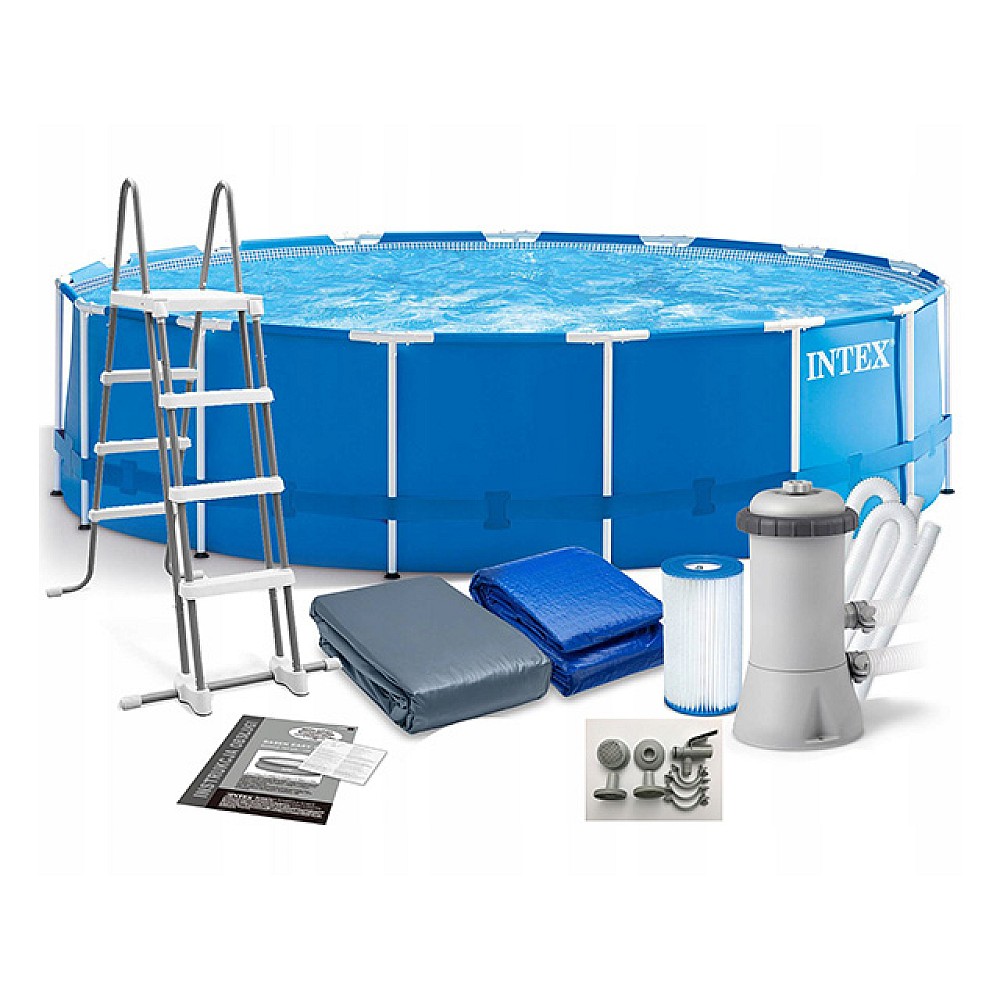 Bazin cu cadru metalic Intex 457х122 cmм, 16805l, scară, cort, covor de podea, pompă și filtru incluse