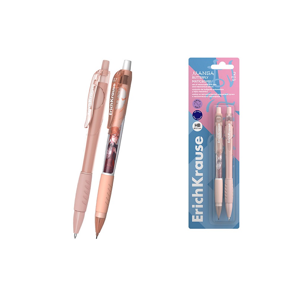 Set ErichKrause Pix Matic&Grip, albastru + creion mecanic 0.7mm, HB Butterfly Manga, blister