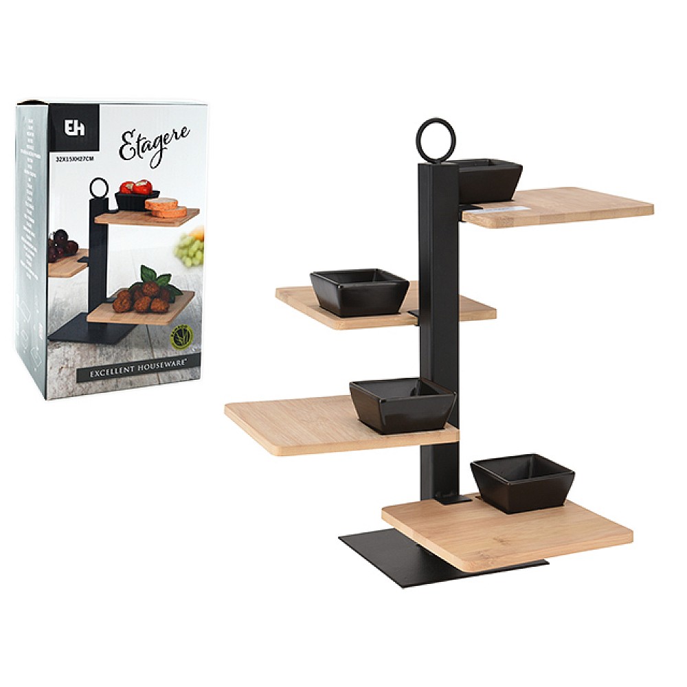 Suport de servire 4 nivele 37X32cm si 4 boluri, bambus/metal