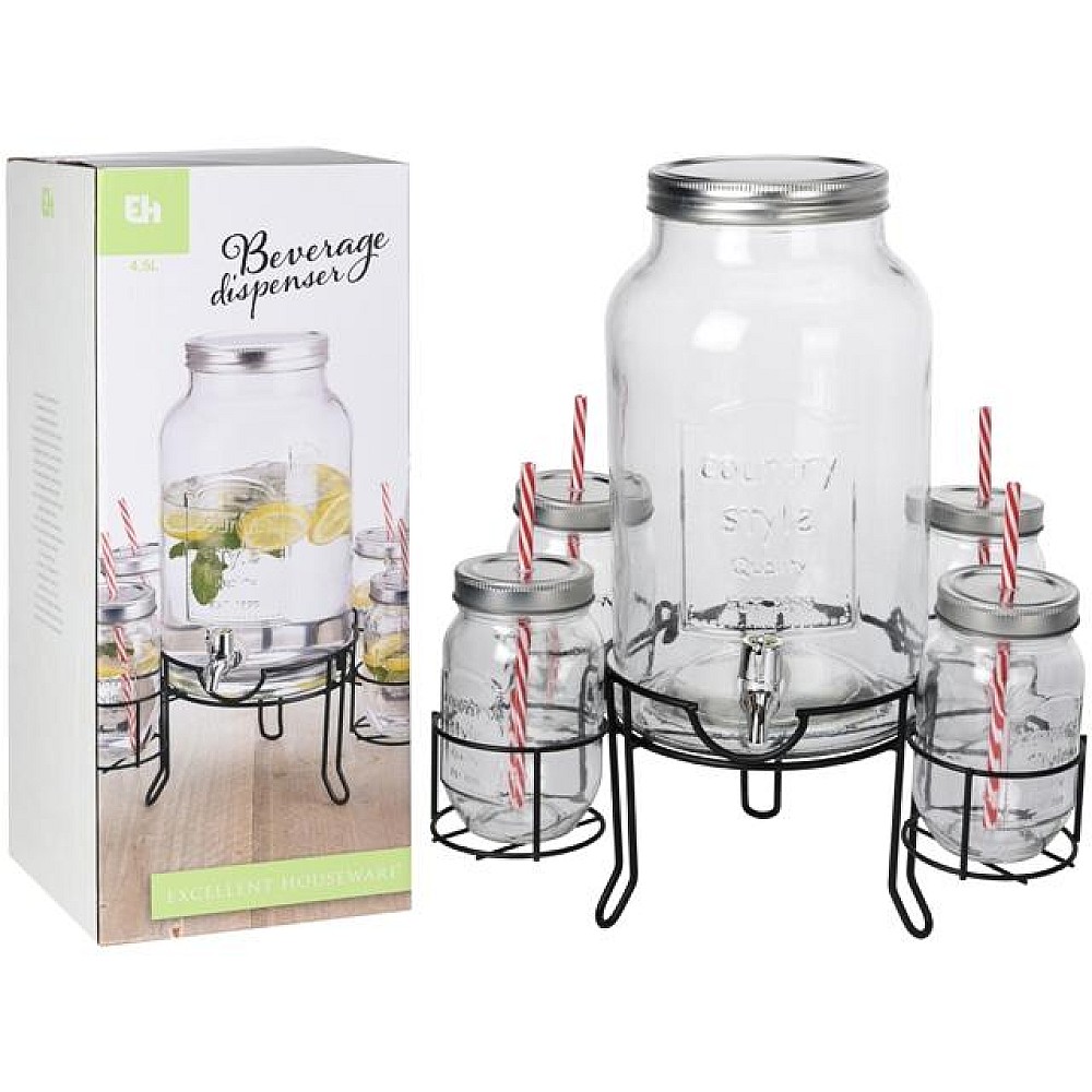 Borcan din sticla cu robinet 4.5l si 4 borcanase 0.45l cu pai, suport metalic
