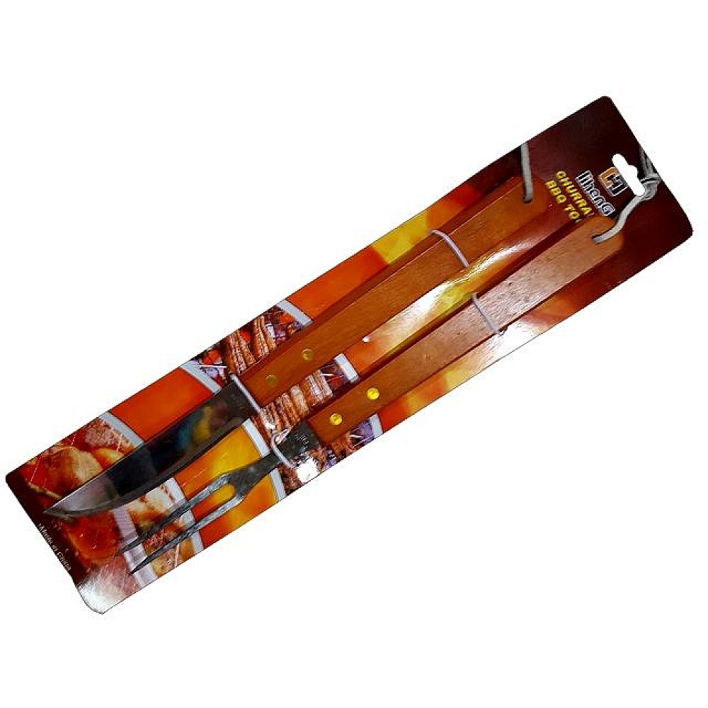Instrumente pentru gratar BBQ 2buc (cutit si furculita 40cm cu maner din lemn)