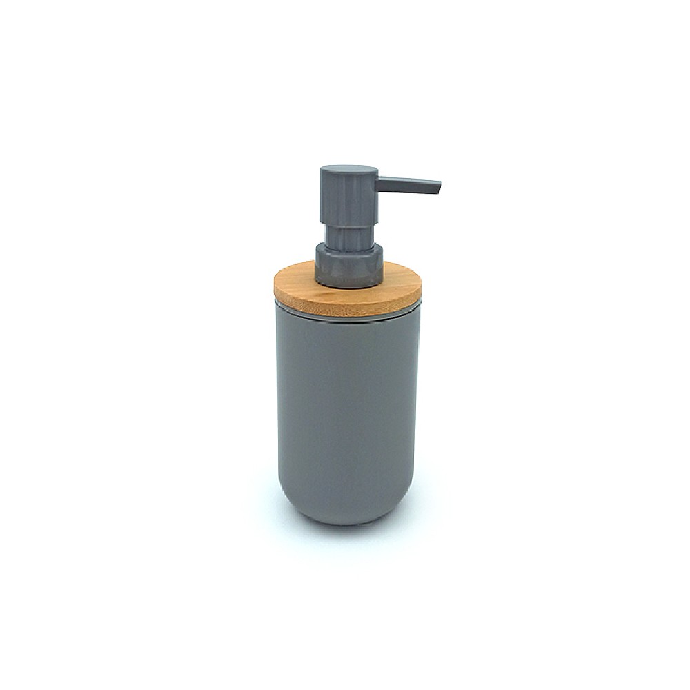 Dozator pentru săpun Tendance Rubber 300ml D7.2cm, capac bambus, gri, din plastic