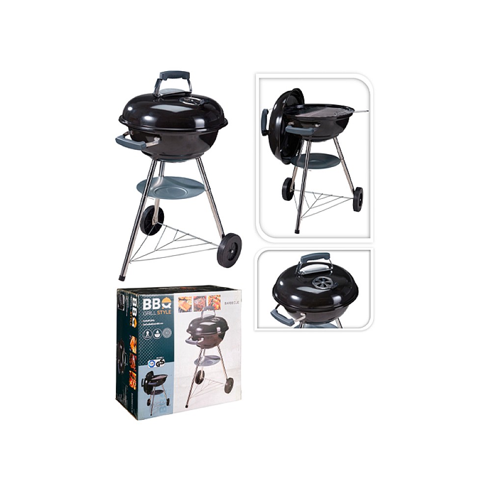 Gratar rotund cu picioare BBQ, D47 cm, H83 cm, cu plasa si raft
