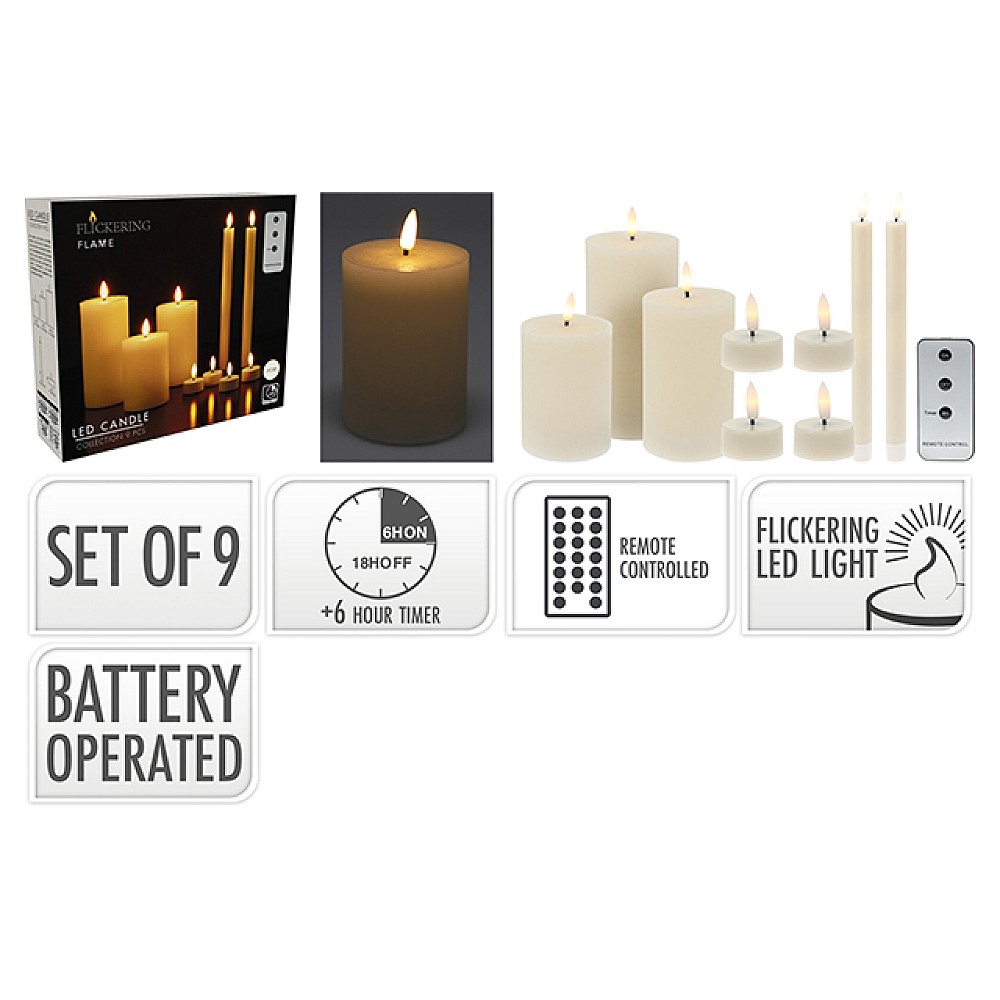 Set Lumanari LED 9buc, 3buc- 7.5X10/12.5/15сm, 2buc- 24.5сm, 4buc- 3X5сm