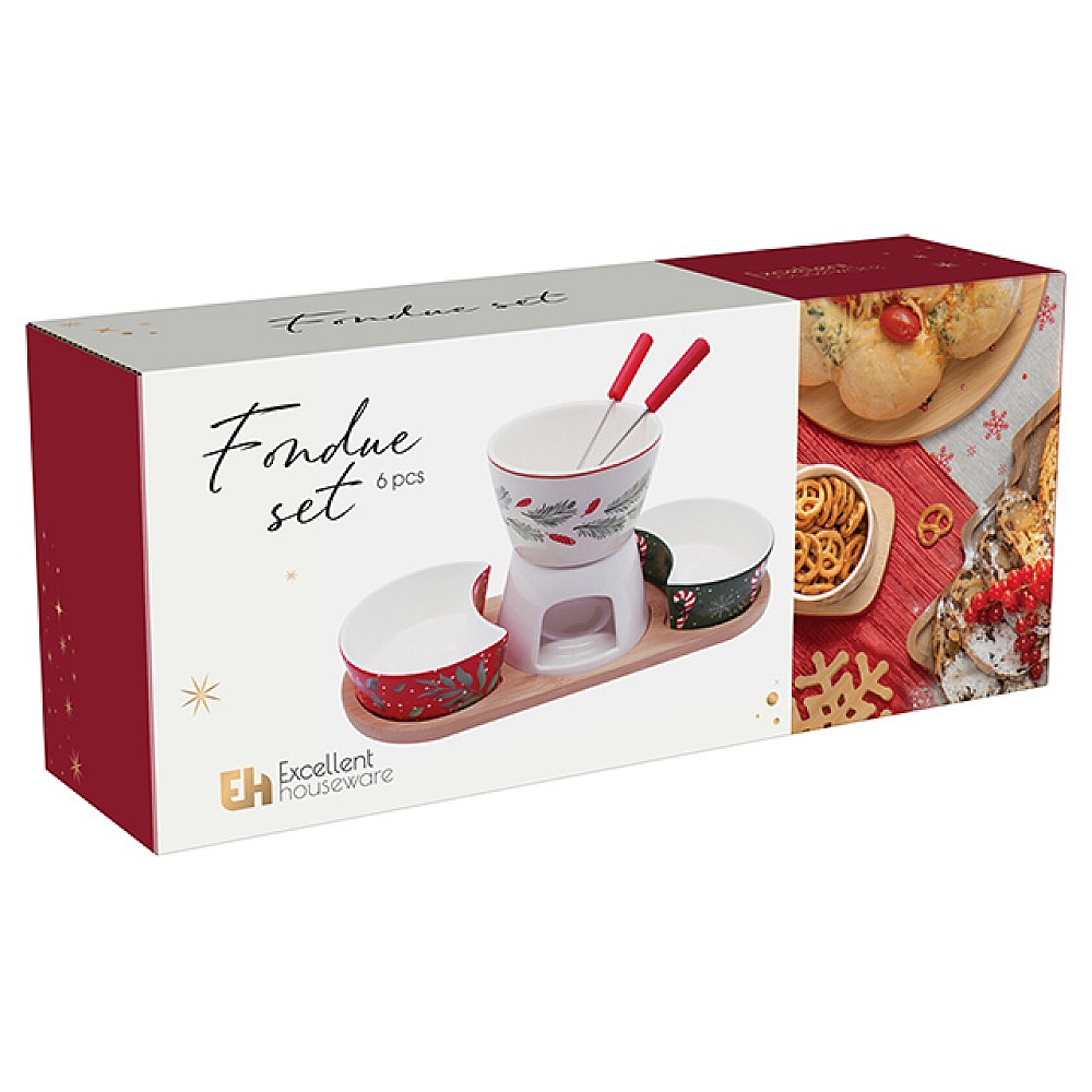 Set pentru aperitiv Christmas: castron pentru fondue, 2 boluri mici, suport din lemn, furculita
