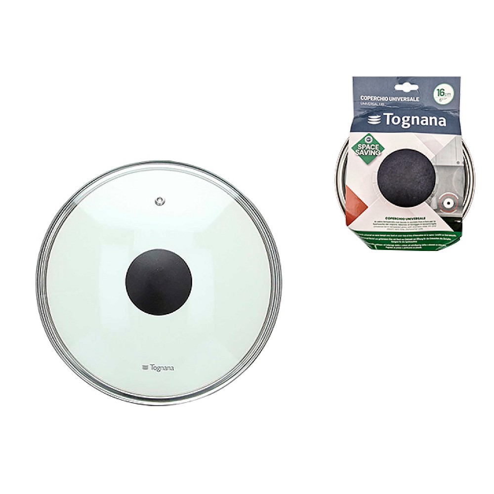 Capac din sticla 16 cm Tognana Space Saving cu degajare aburi, margine metalica