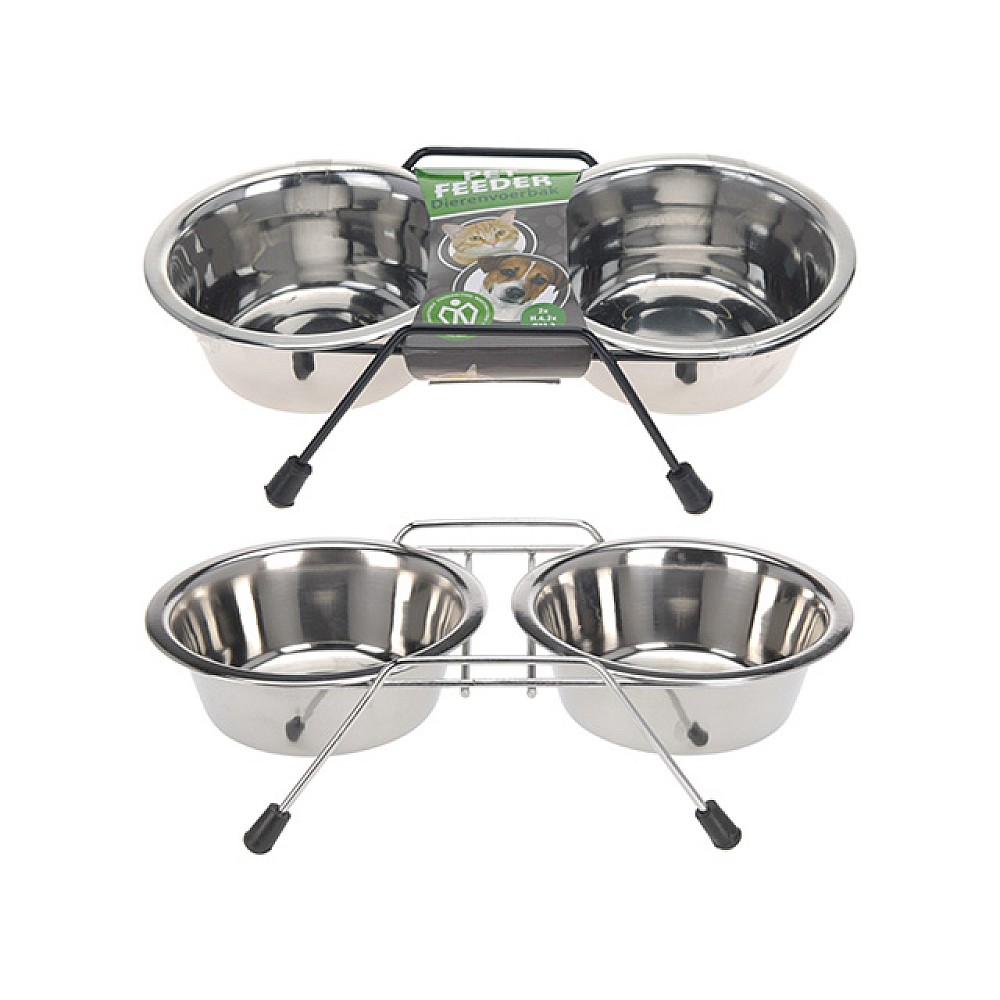 Castron dublu pentru animale pe suport 2X210ml, 24X11X6.5cm, metal