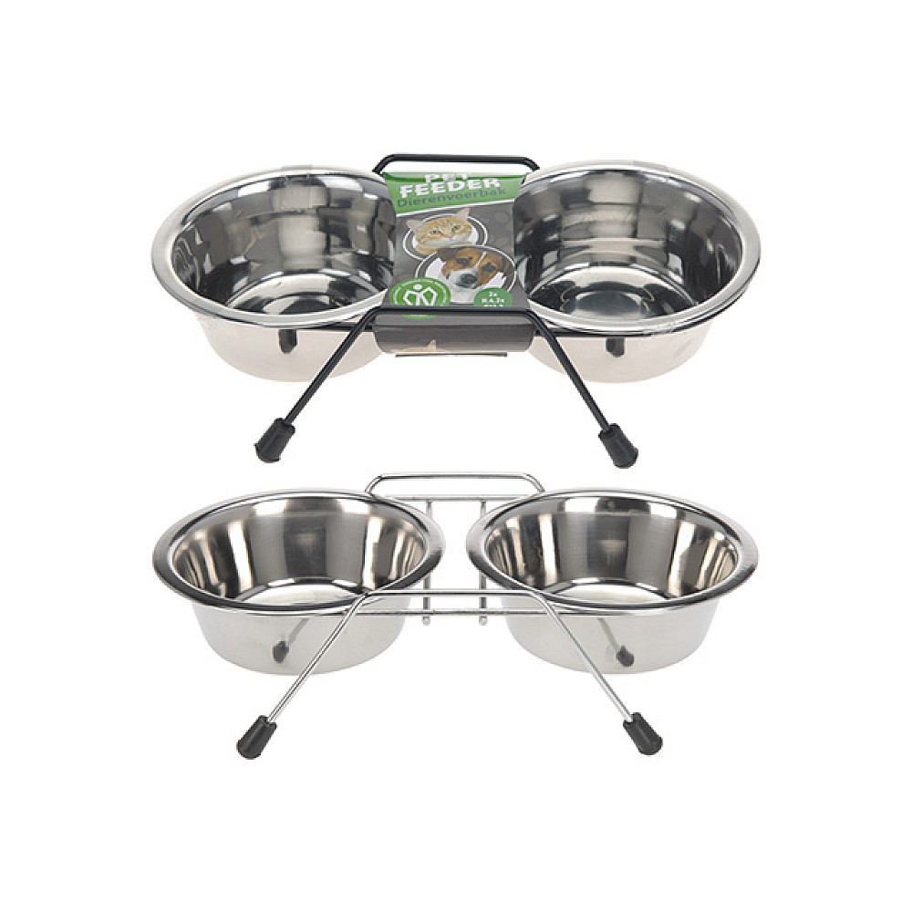 Castron dublu pentru animale pe suport 2X300ml, 35X17X8.5cm, metal