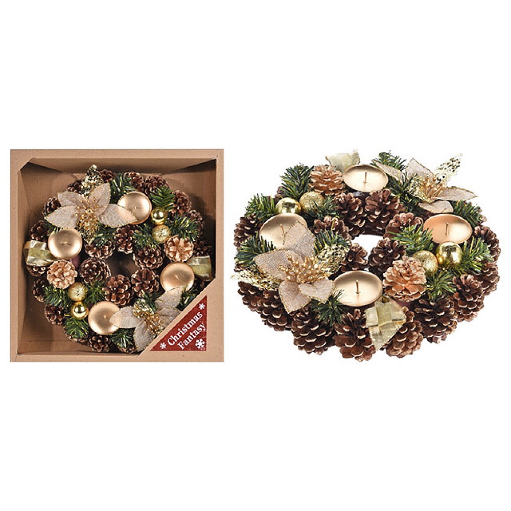 Sfesnic cu conuri naturale pentru 4 lumanari D28cm, auriu