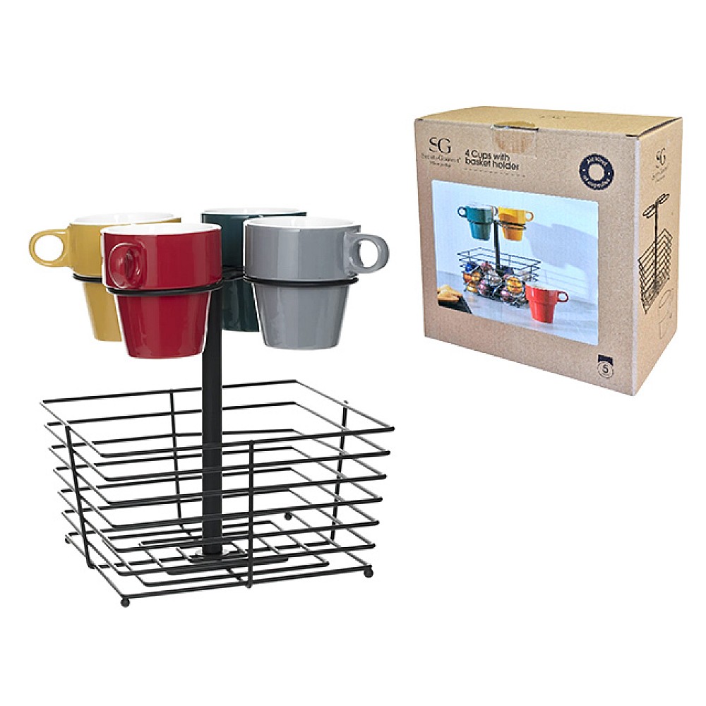 Set de cesti de cafea 4 buc 260 ml SG pe suport cu coș pentru capsule de cafea