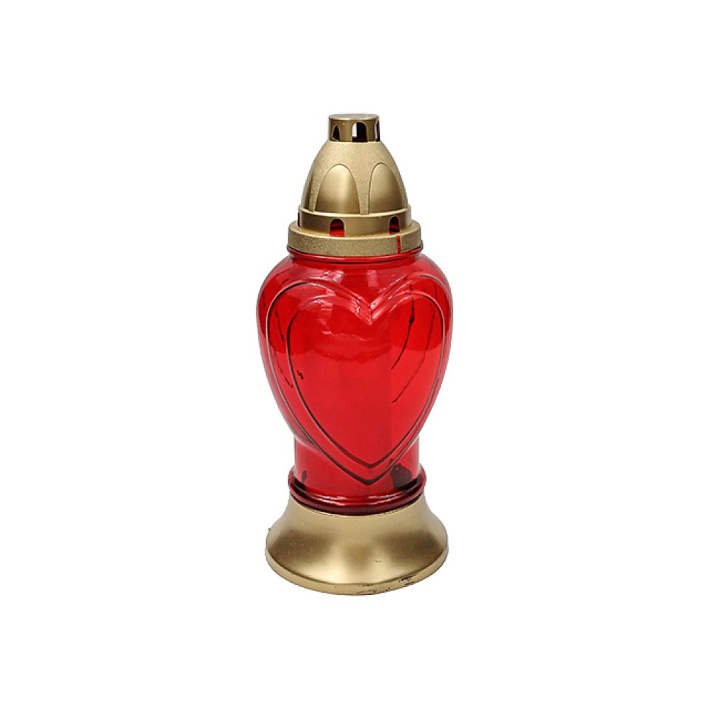 Candela sticla cu capac 25cm 28ore inima, rosie