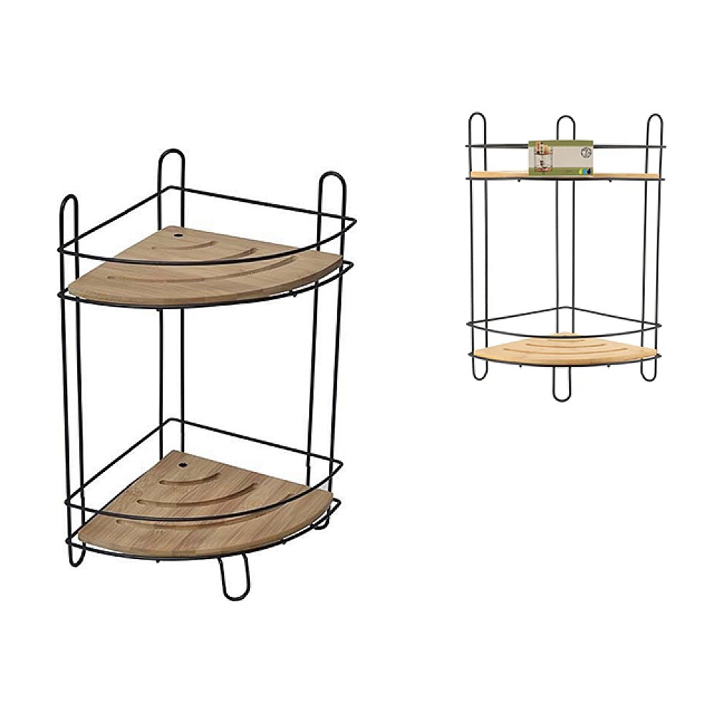 Raft de colț cu 2 nivele Tendance, 20x20x30 cm, metal negru, bambus