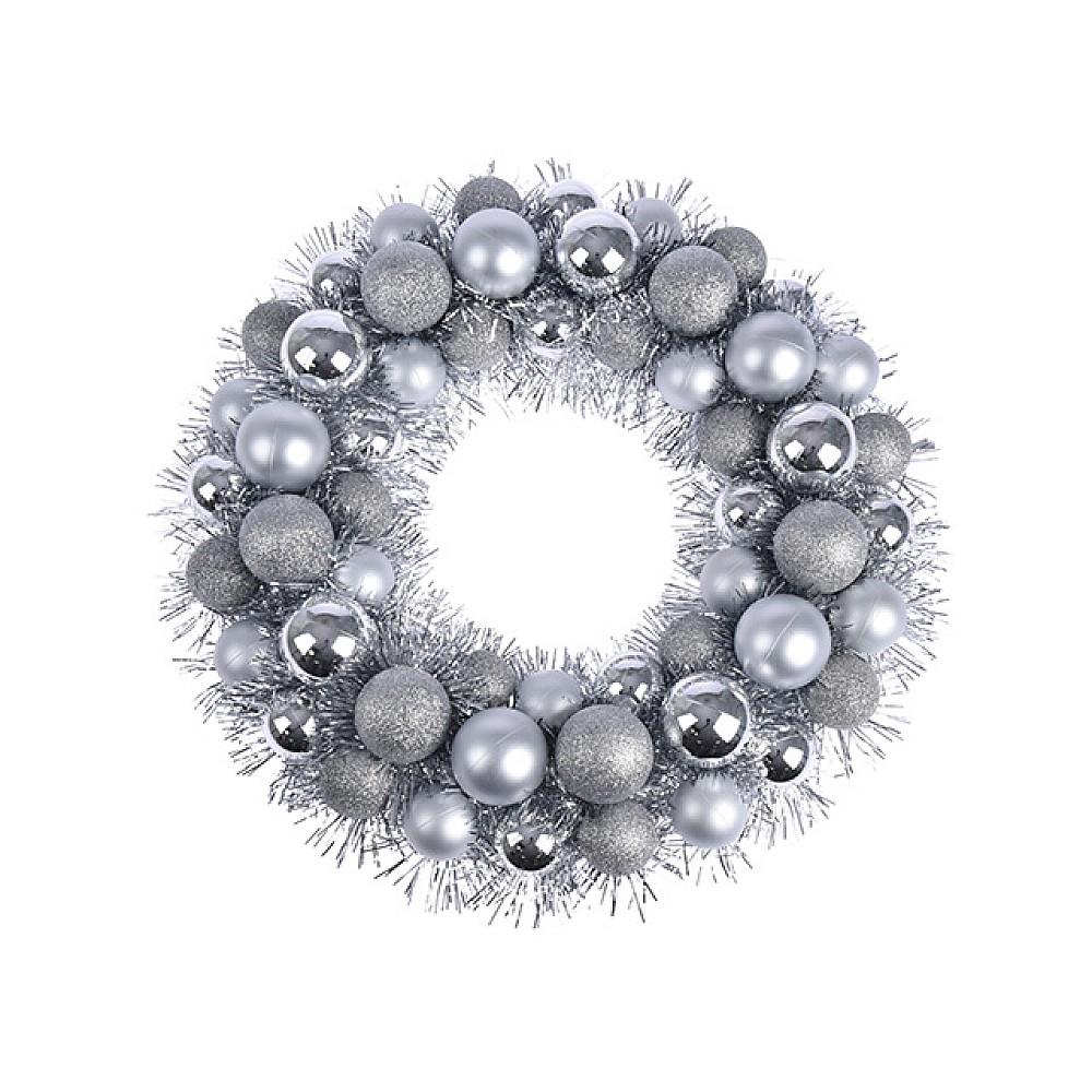 Coroana decorativa de Craciun din globuri D39cm, argintie