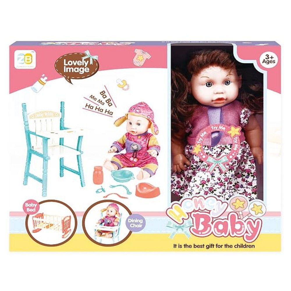 Papusa cu scaun si pat (flori roz) 38X32X10cm