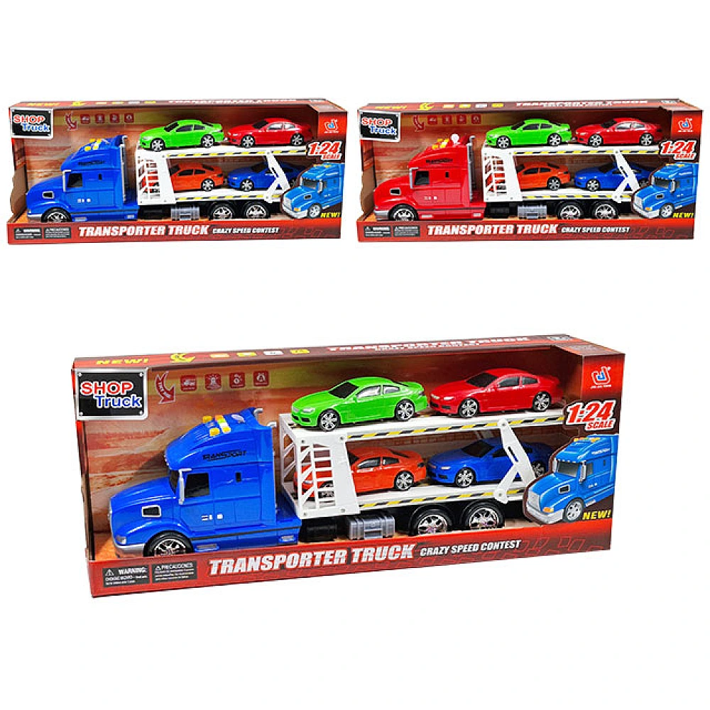 Trailer cu 4 masini cu lumina si muzica 55X21X13cm