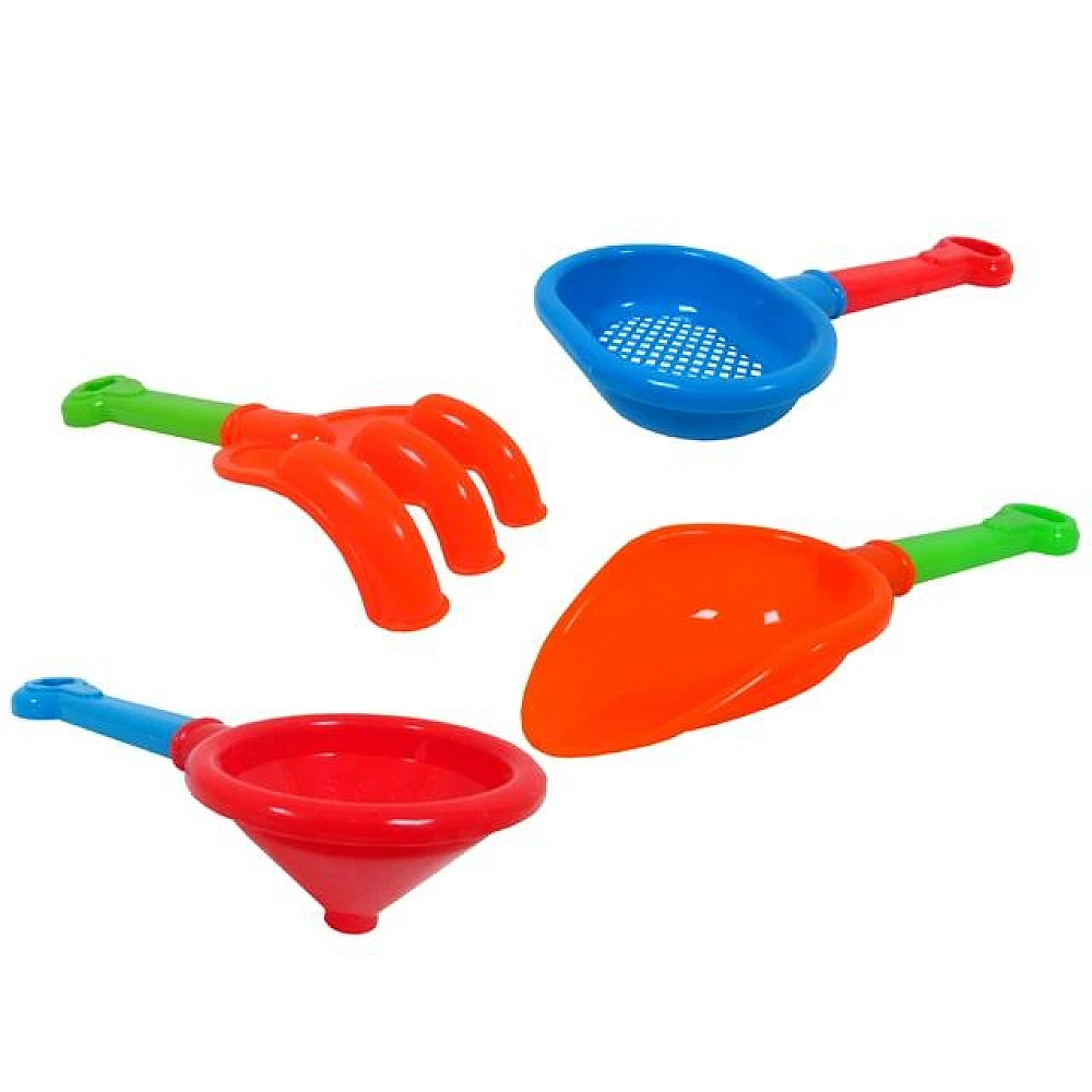 Set de jucarii pentru nisip 4buc (lopatica, grebla, stropitoare, sita) 25cm