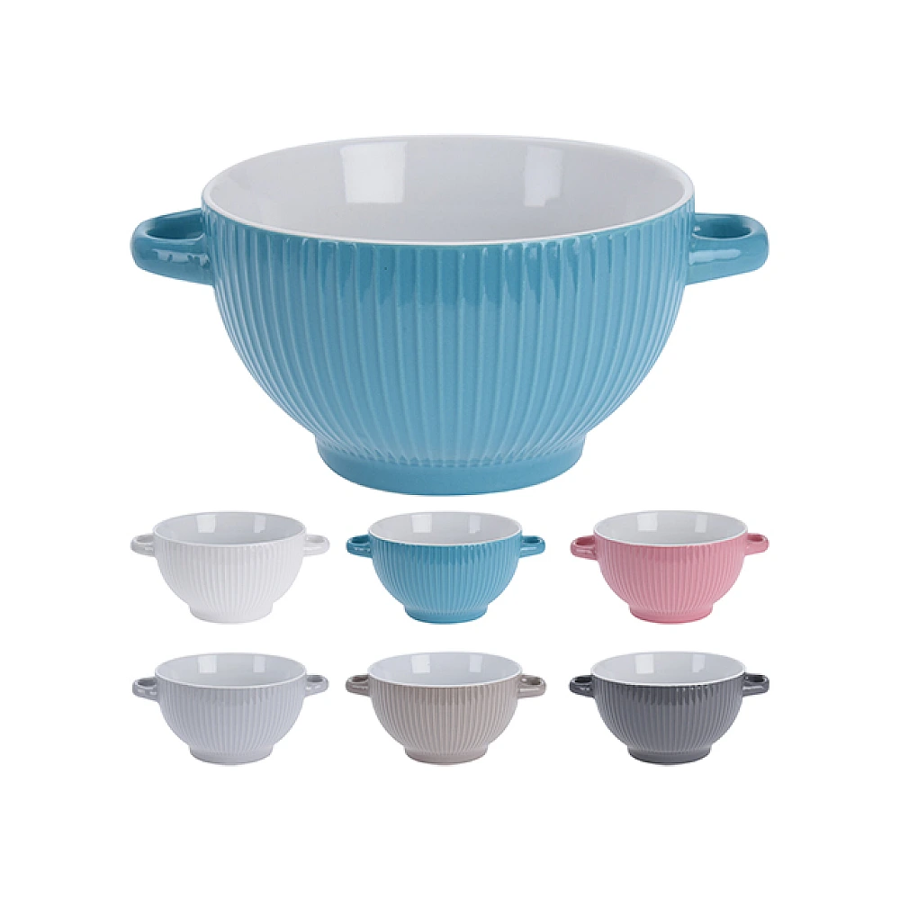Cana pentru supă, Dungi Siaki, 680 ml, cu doua mânere, ceramica
