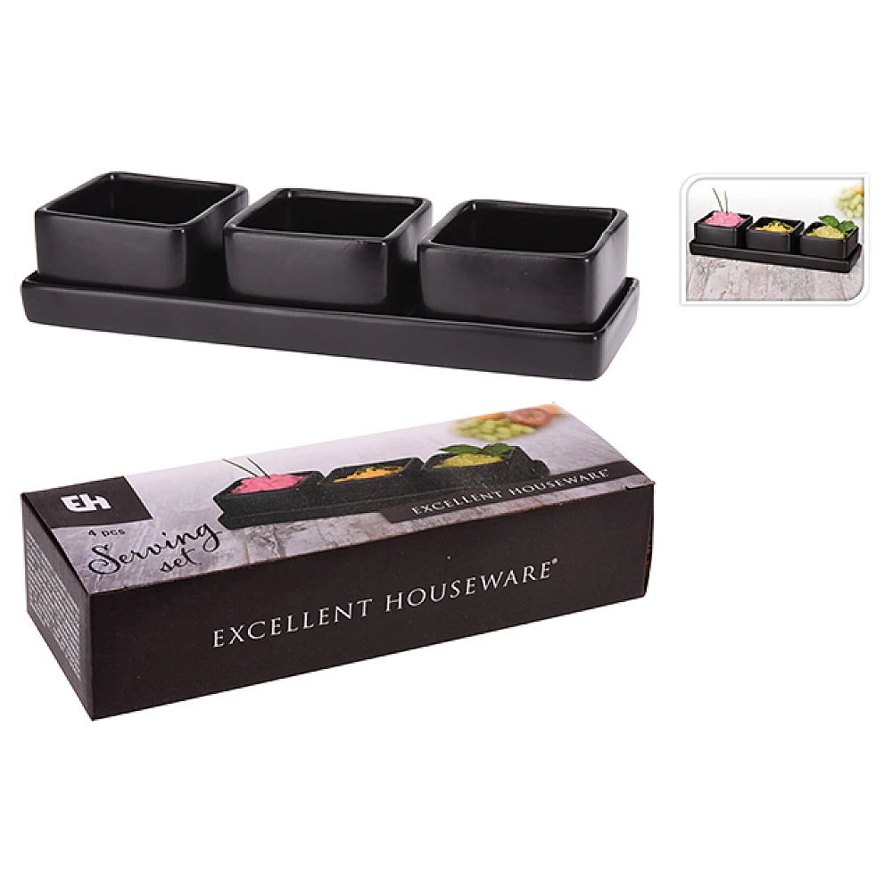 Set pentru aperitiv EH 4buc, 3 boluri si un suport 22X7X4cm, ceramica