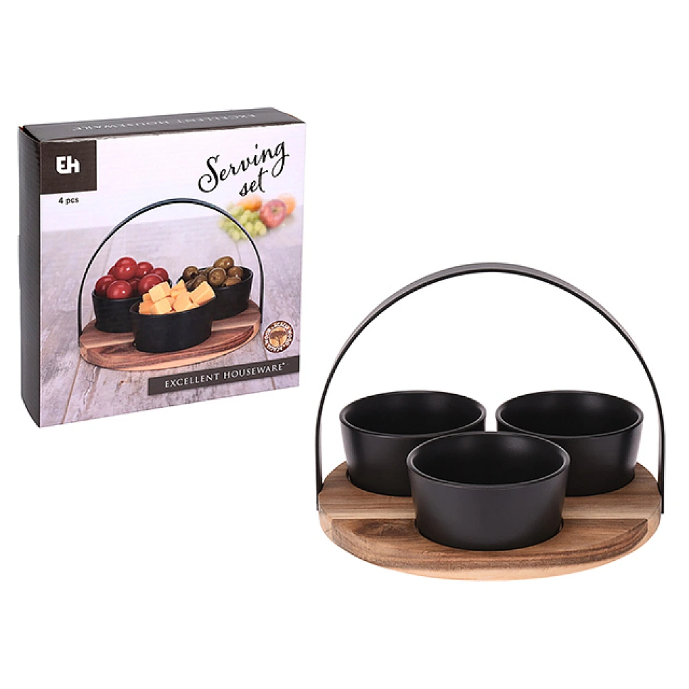 Set pentru aperitiv EH 4buc, 3 boluri si un suport din lemn D20cm