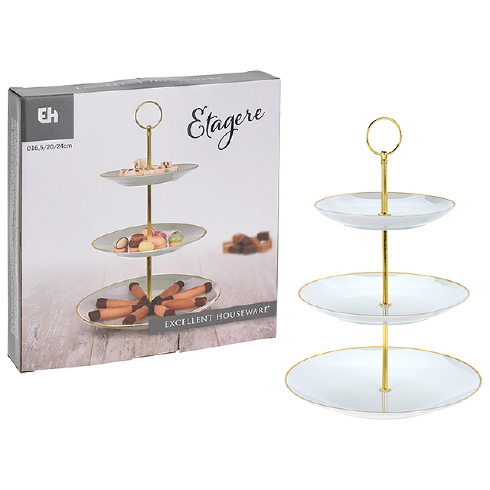 Suport de servire 3 niveluri Golden Rim D16.5cm/20cm/24cm, portelan