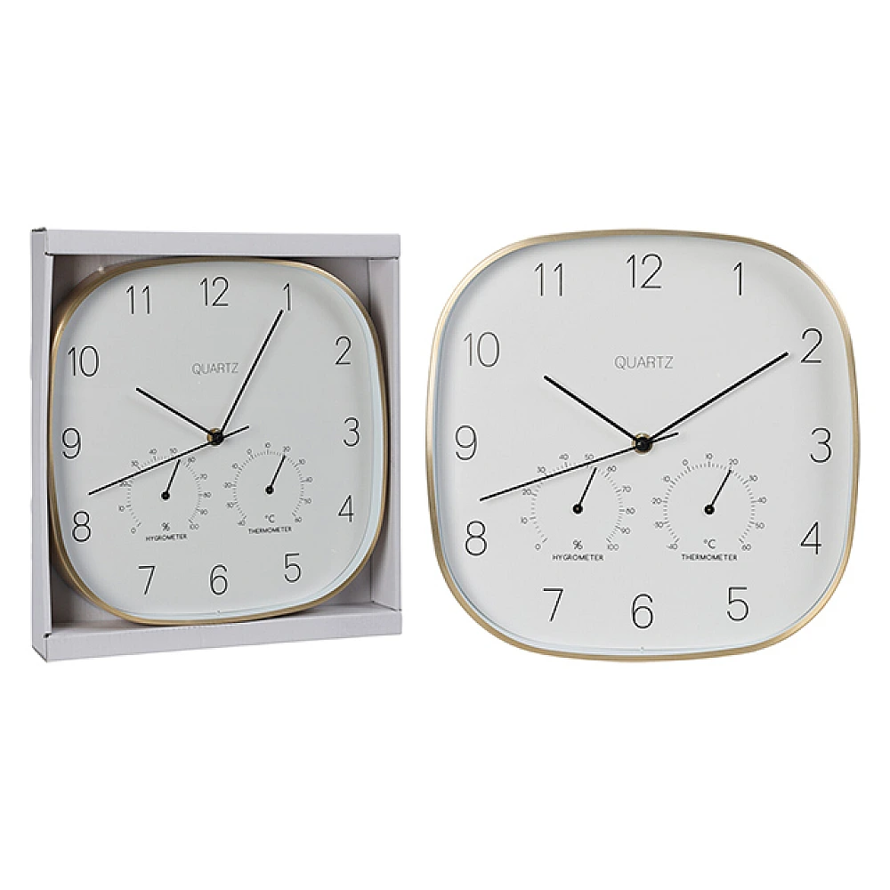 Ceas de perete patrat cu statie meteo 28cm, metal, auriu