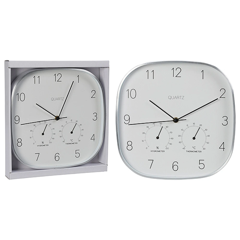 Ceas de perete patrat cu stiatie meteo 28cm, metal, argintiu