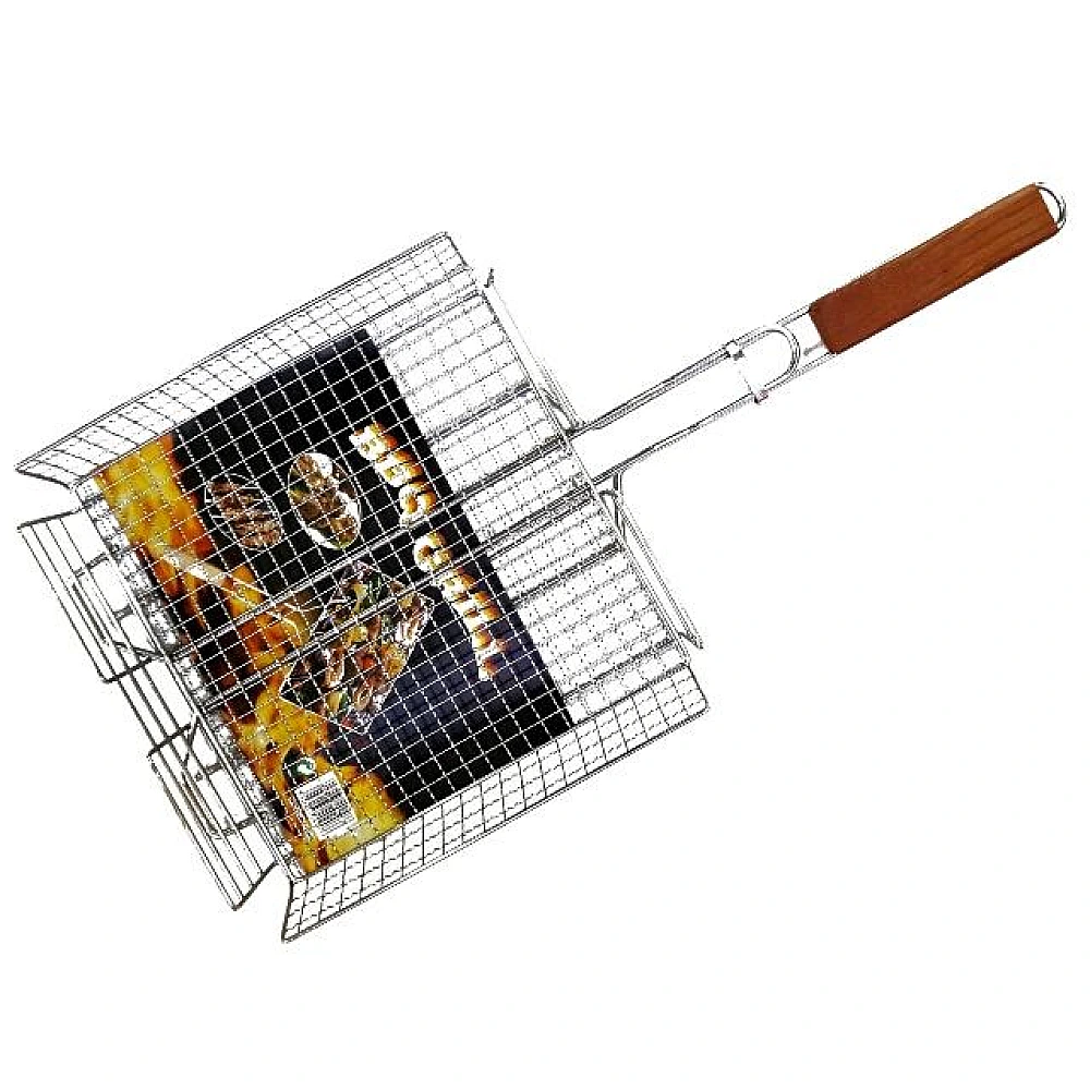 Plasa pentru gril BBQ 23X30cm, cu maner din lemn