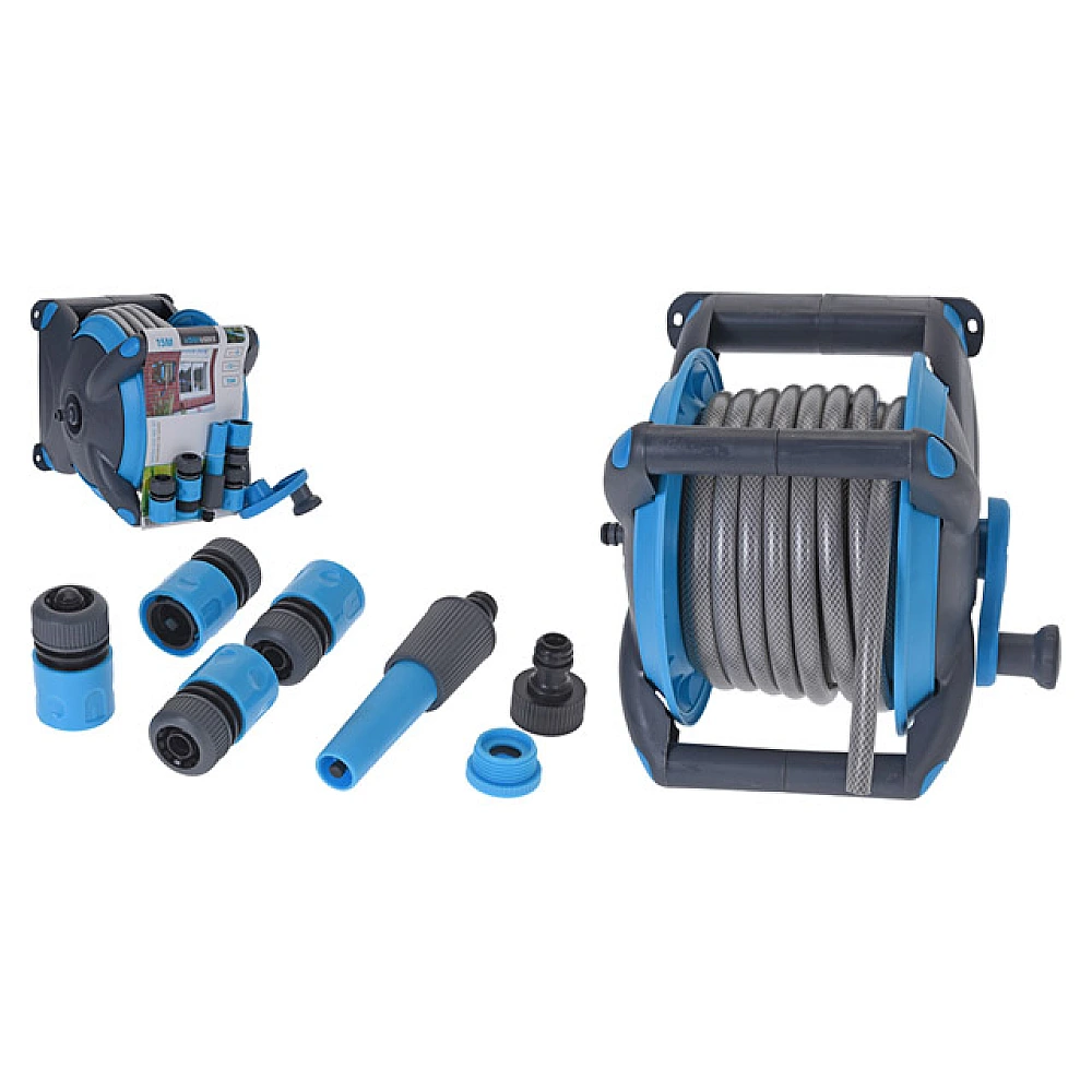 Furtun pentru irigare 15m cu fixator de perete si set de conectori