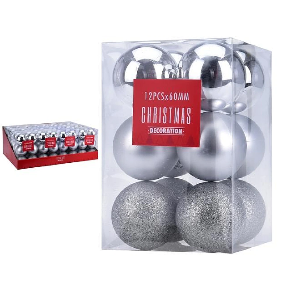 Set globuri 12X60 mm argintii in cutie, 3 modele