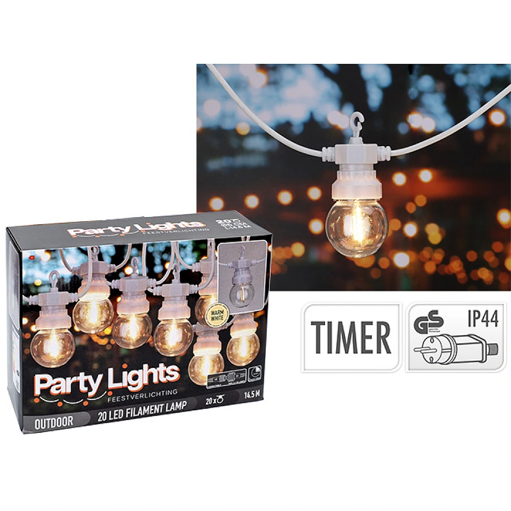 Ghirlanda de exterior cu 20 LED-uri,G50, alb cald, 14.5m, cu timer, cablu alb