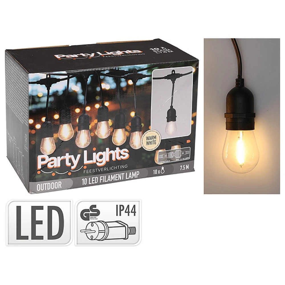 Ghirlanda de exterior cu 10LED-uri, alb cald,7.5m, cablu negru