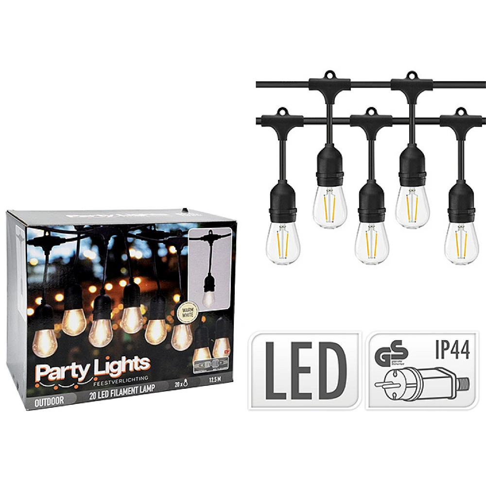 Ghirlanda de exterior 20 LED, alb cald, 12,5 m, cablu negru