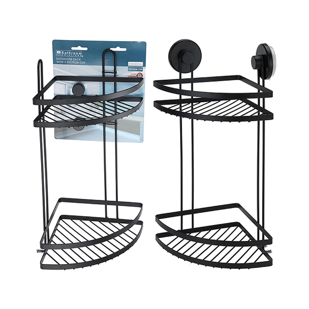 Raft de colt cu 2 nivele pe ventuze Bathroom 25X18X37 cm, negru, metal