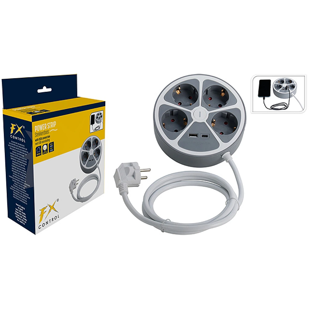 Prelungitor cu 4 prize + 2 USB, 1.5m, gri