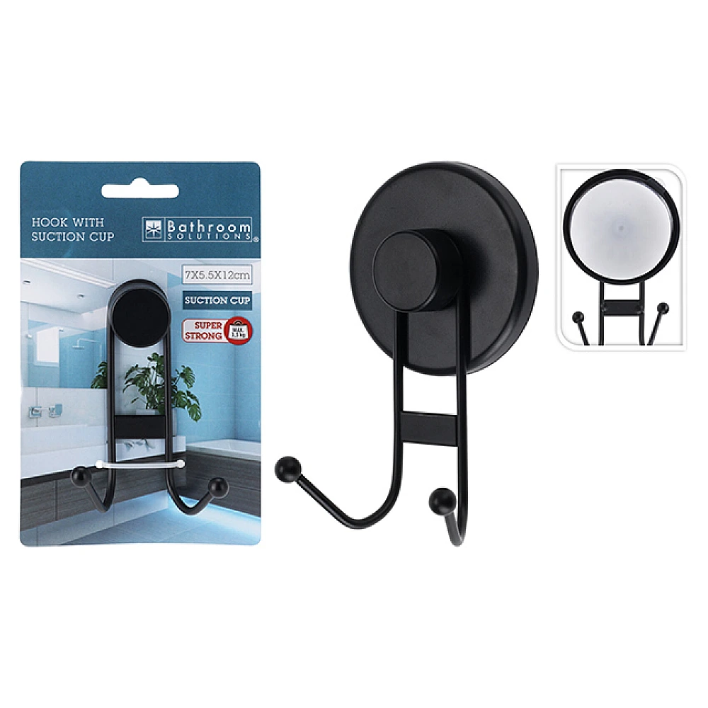 Cuier 2 carlige pe ventuza Bathroom 7X5.5X12 cm, negru, metal