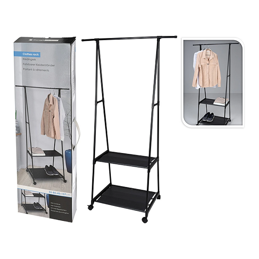 Cuier cu suport pe roti 55-85X45X157cm Storage, metal, 2 polite