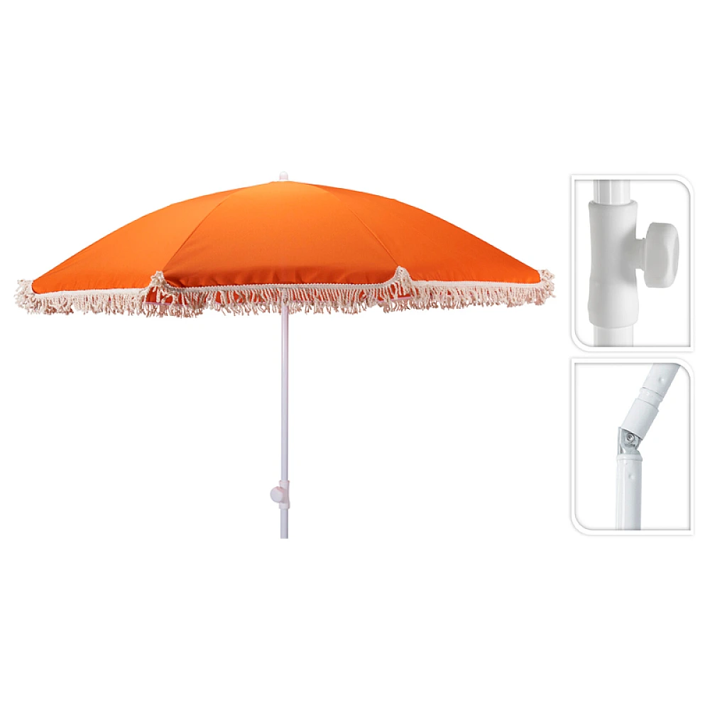 Umbrela de soare D160cm, H200cm cu picior flexibil, 8 spite, maro deschis, cu franjuri, UPF 30+, husa