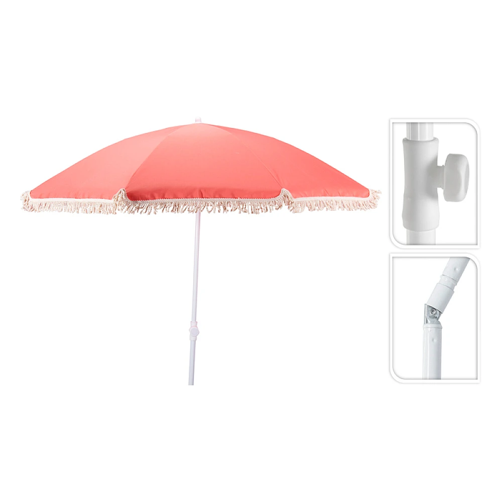 Umbrela de soare D160 cm, H200 cm, cu picior flexibil, 8 spite, roz, cu franjuri, UPF 30+, husa