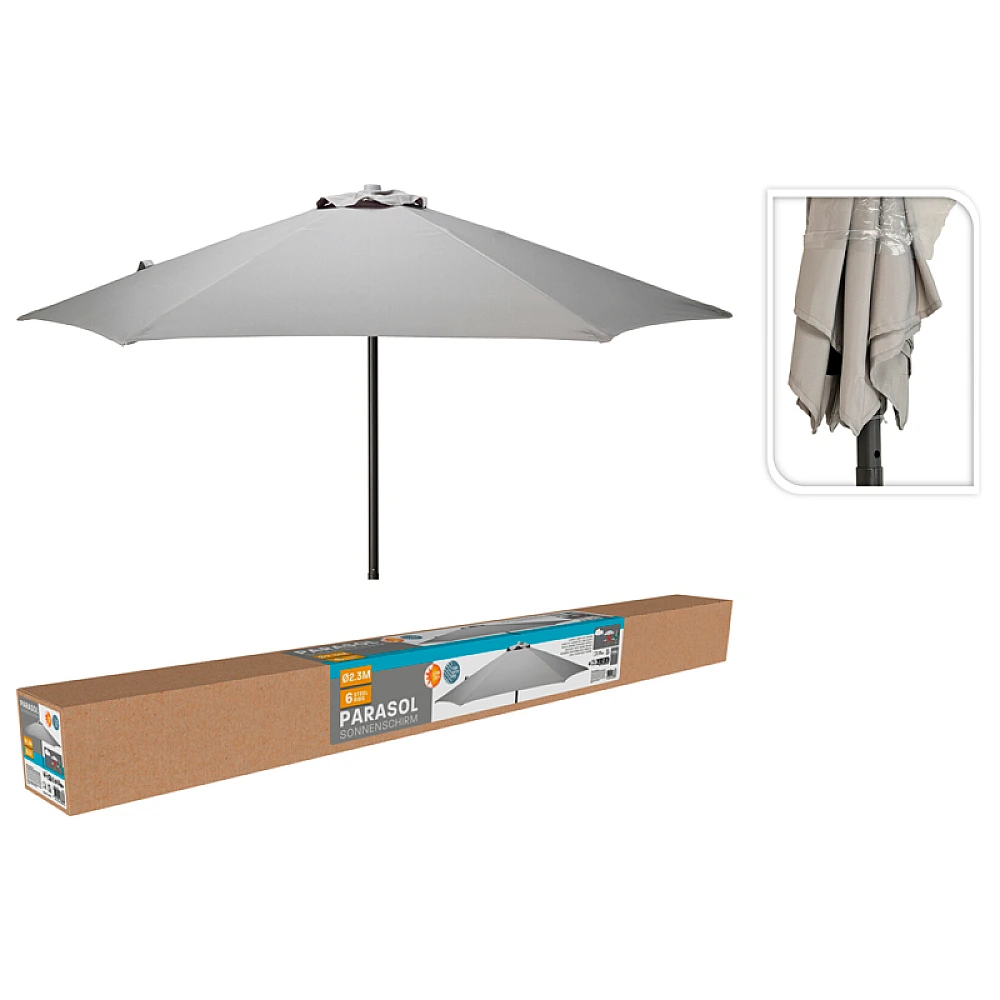 Umbrela de soare D230 cm, 6 spite arcuite, gri, husa