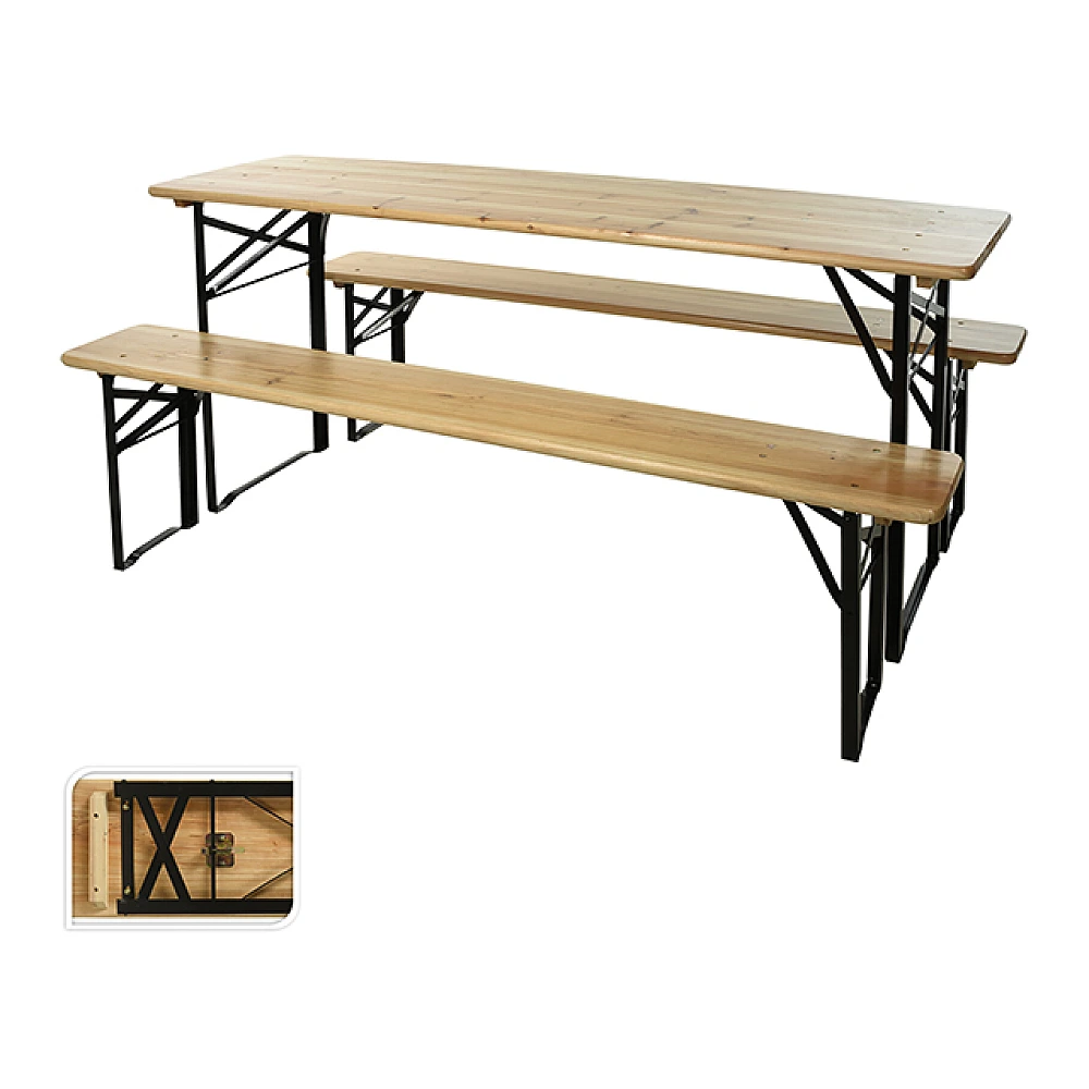 Set mobilier pentru gradina lemn/metal, 3 piese: masa 180X50XH76cm si 2 banci 180X25XH46cm