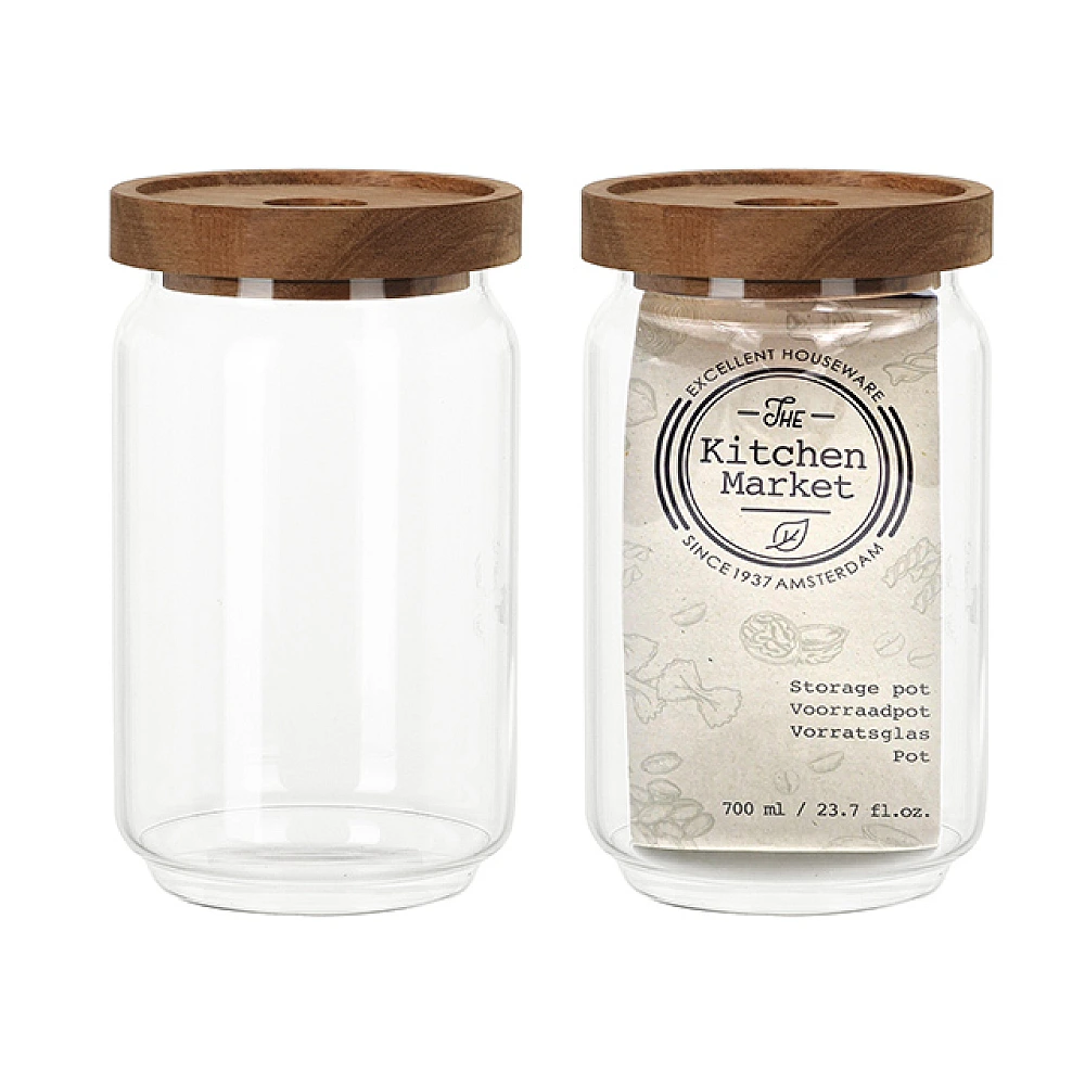 Borcan din sticla cu capac din lemn de salcam EH 0.7 l, 10 cm