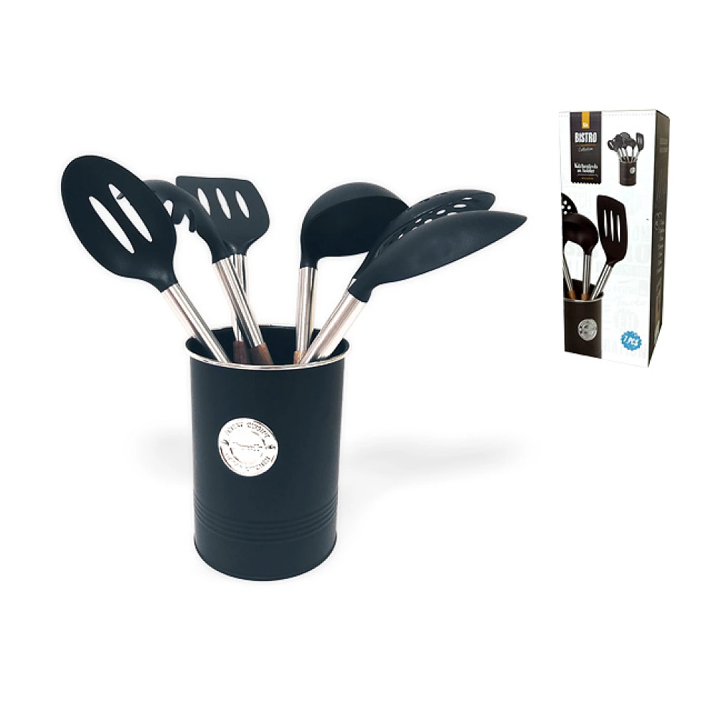 Set accesorii de bucatarie EH 7buc, maner din lemn, in caldarusa metalica