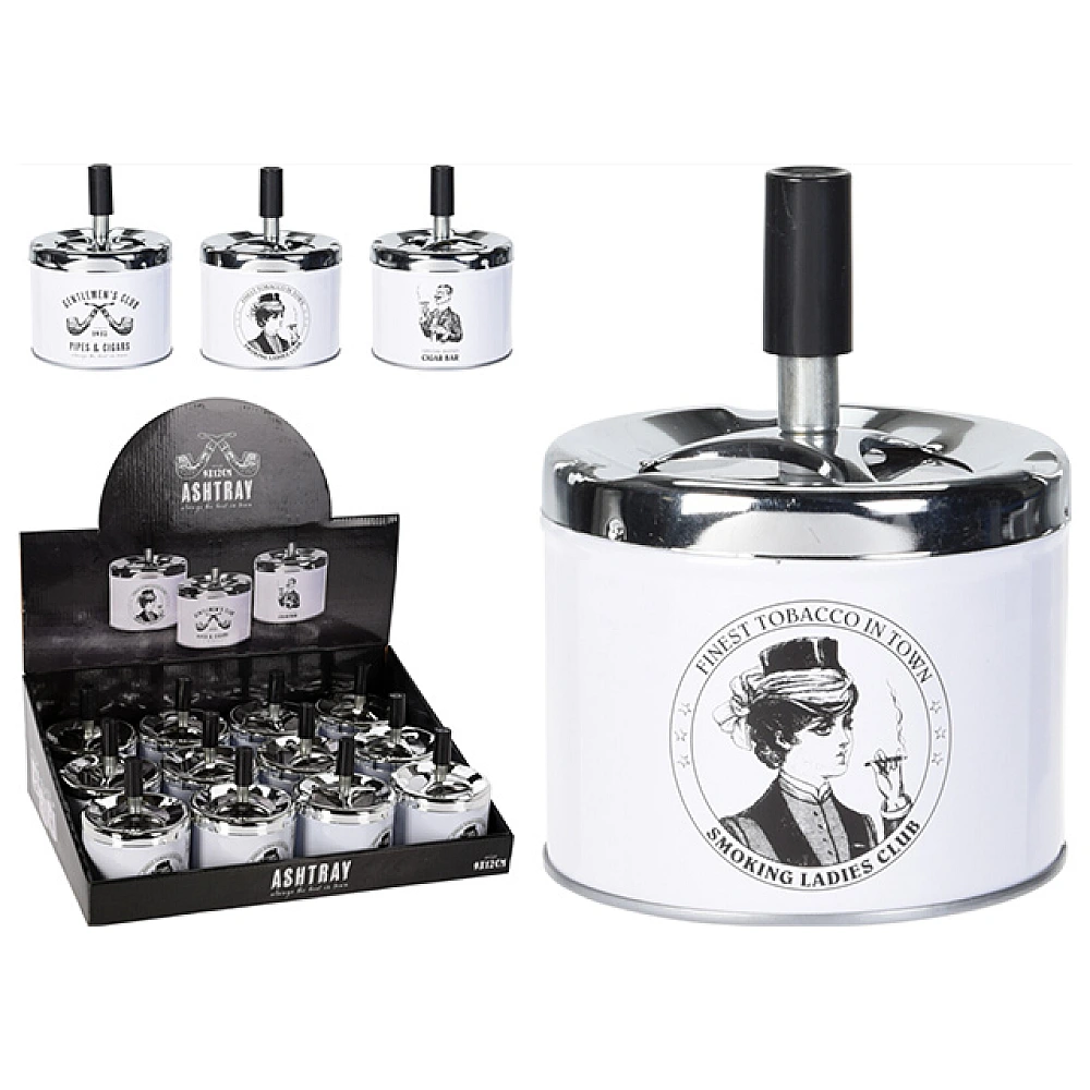 Scrumiera cu resetare automata 9X12cm, 4 modele, metal desenata, 2 culori