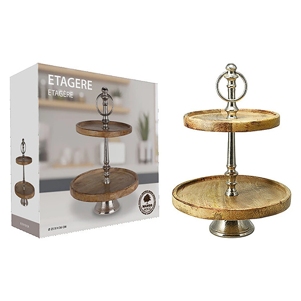 Suport de servire 2 nivele D25cm H36cm, lemn/metal