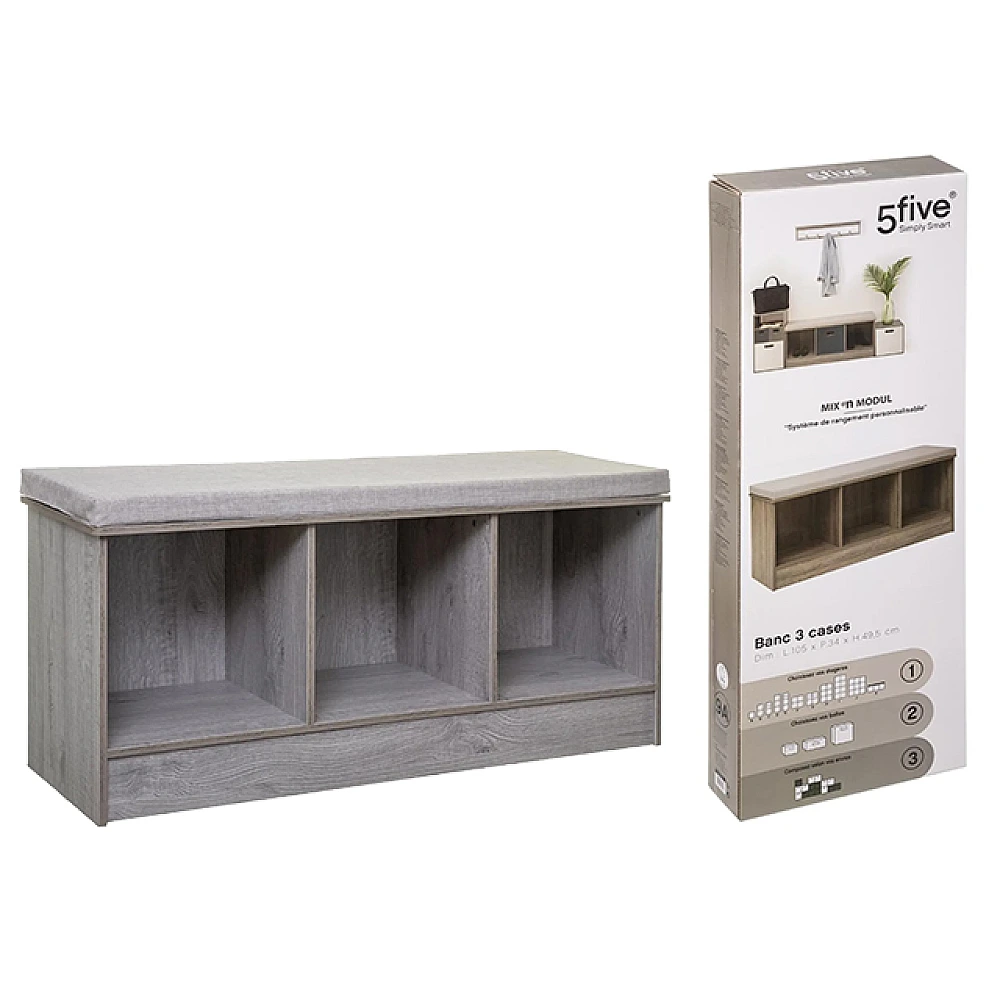 Banca din lemn cu 3 sertare 105X34X49.5cm 5Five, gri
