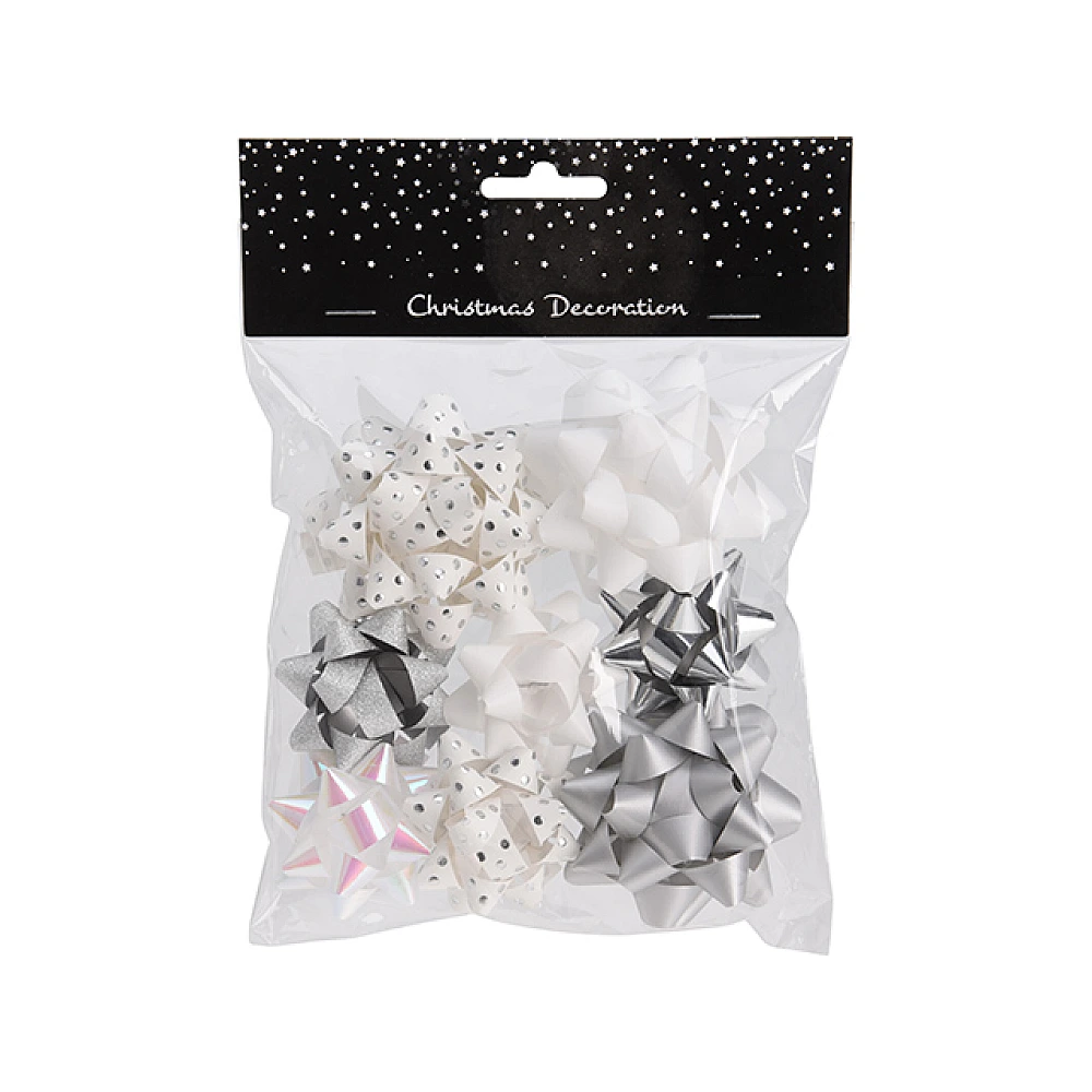 Set pentru decorat cadouri 8 stele 3X7cm, 5X5cm argintii