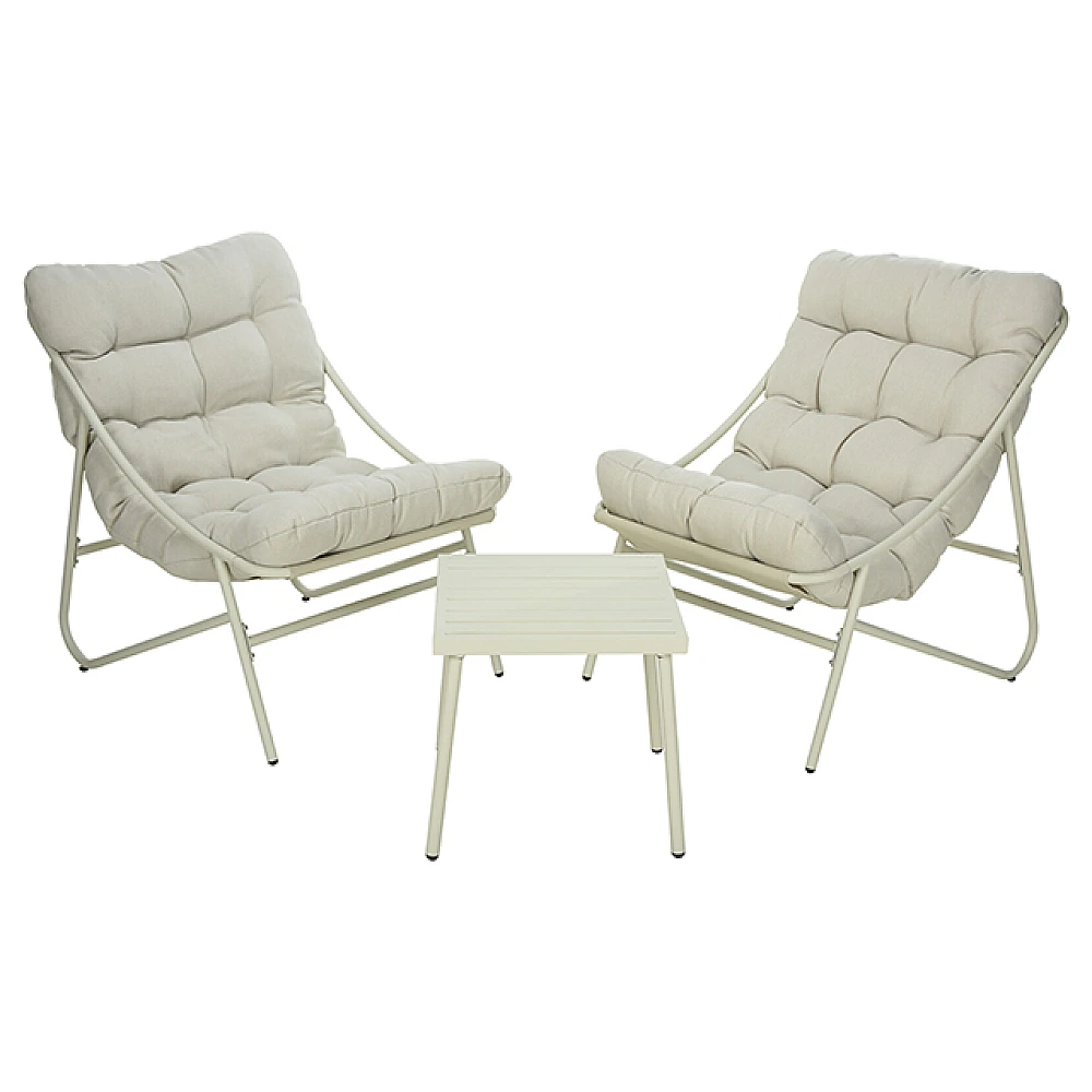 Set mobilier 5 piese: masa 45X45XH42cm, 2 scaune 66X86XH82cm + 2 saltele, alb