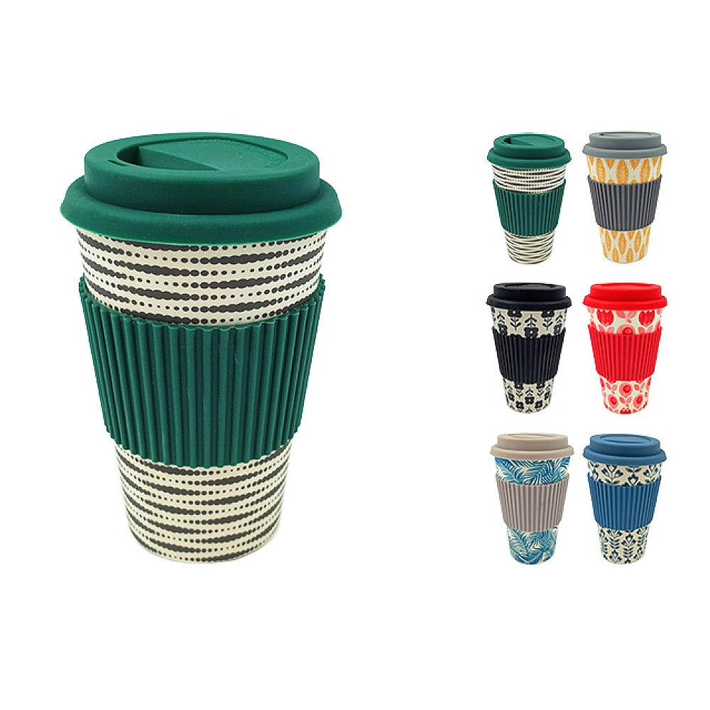 Termo pahar EH 425ml, 13cm, din bambus, cu capac din silicon